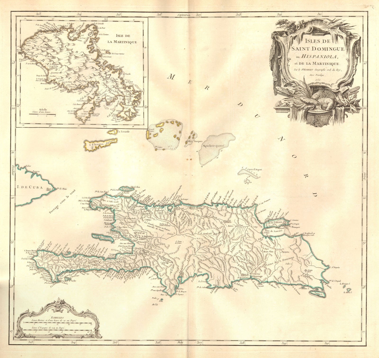 'Saint Domingue ou Hispaniola et...Martinique'. Santo Domingo. VAUGONDY 1750 map